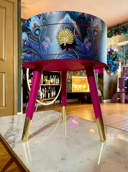 Peacock - Hot Pink , blue, green and teal jewel colours, opulent nightstand, hot pink and navy bedside table, round small table