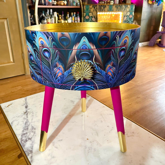 Peacock - Hot Pink , blue, green and teal jewel colours, opulent nightstand, hot pink and navy bedside table, round small table