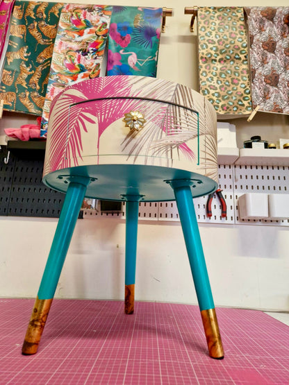 Palm Leaf - Cream, Pink and Mint green bedside table. Palm leaf design nightstand,real metallic swirl leaf legs, ornate bronze and marble effect handle