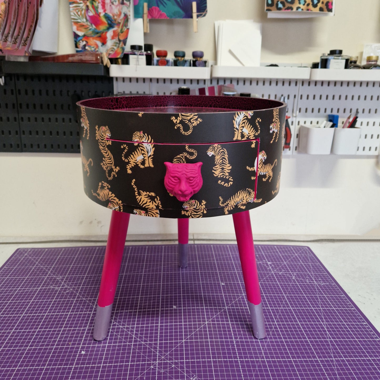 Tiger - Black and hot pink nightstand with tiger design, Eclectic design, Fun Bright Home Decor. Side table storage drawer
