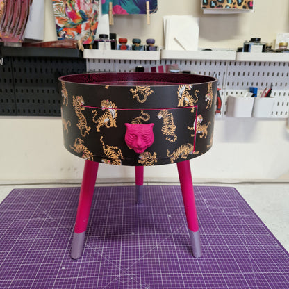 Tiger - Black and hot pink nightstand with tiger design, Eclectic design, Fun Bright Home Decor. Side table storage drawer