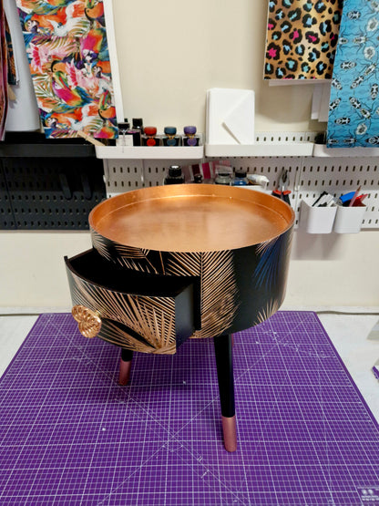 Palm Leaf - Black and Copper bedside table. Palm leaf design nightstand, copper leaf legs, cheese leaf monsterra handle