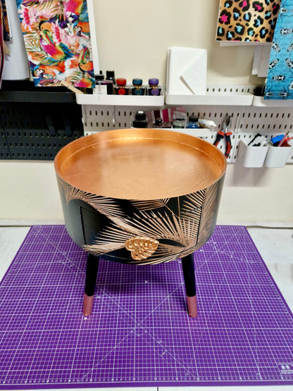 Palm Leaf - Black and Copper bedside table. Palm leaf design nightstand, copper leaf legs, cheese leaf monsterra handle
