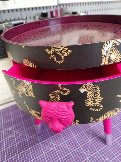 Tiger - Black and hot pink nightstand with tiger design, Eclectic design, Fun Bright Home Decor. Side table storage drawer