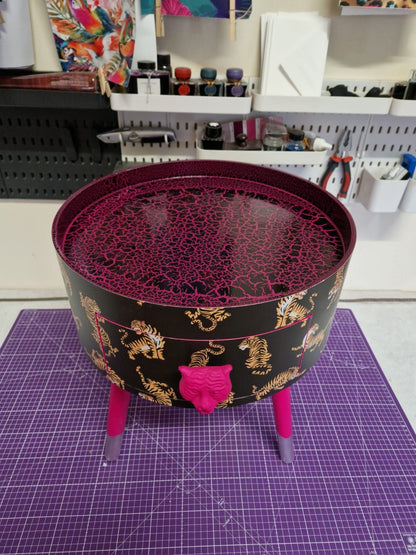 Tiger - Black and hot pink nightstand with tiger design, Eclectic design, Fun Bright Home Decor. Side table storage drawer