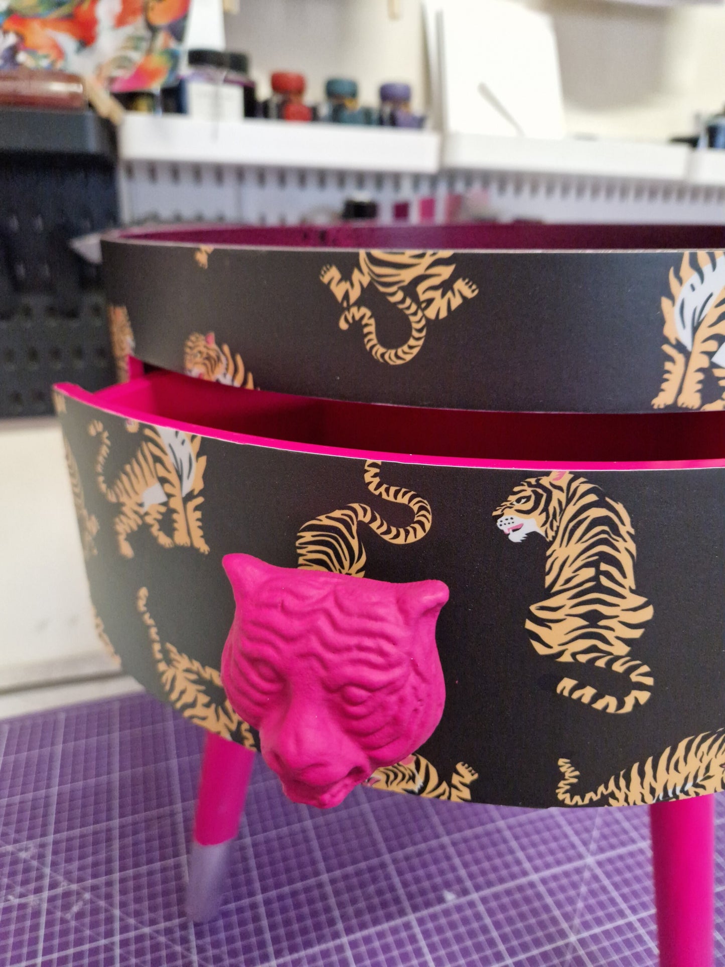 Tiger - Black and hot pink nightstand with tiger design, Eclectic design, Fun Bright Home Decor. Side table storage drawer