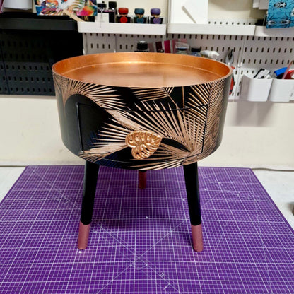 Palm Leaf - Black and Copper bedside table. Palm leaf design nightstand, copper leaf legs, cheese leaf monsterra handle