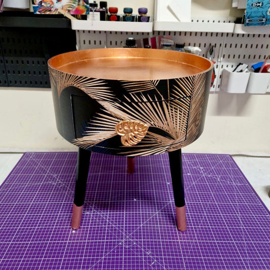 Palm Leaf - Black and Copper bedside table. Palm leaf design nightstand, copper leaf legs, cheese leaf monsterra handle