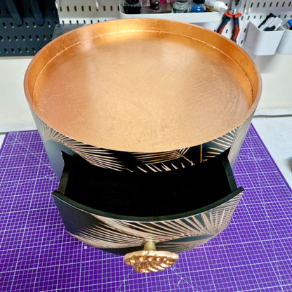 Palm Leaf - Black and Copper bedside table. Palm leaf design nightstand, copper leaf legs, cheese leaf monsterra handle