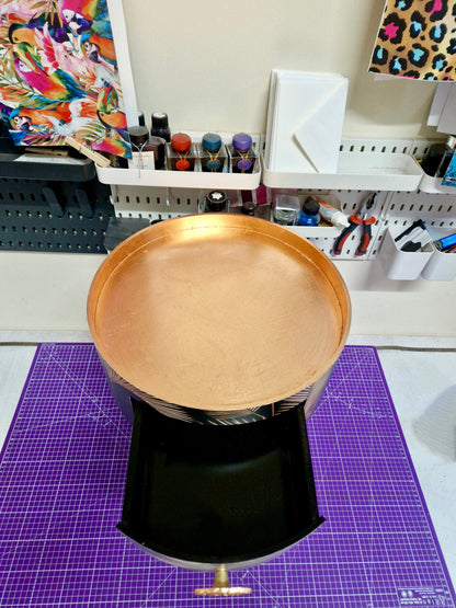 Palm Leaf - Black and Copper bedside table. Palm leaf design nightstand, copper leaf legs, cheese leaf monsterra handle