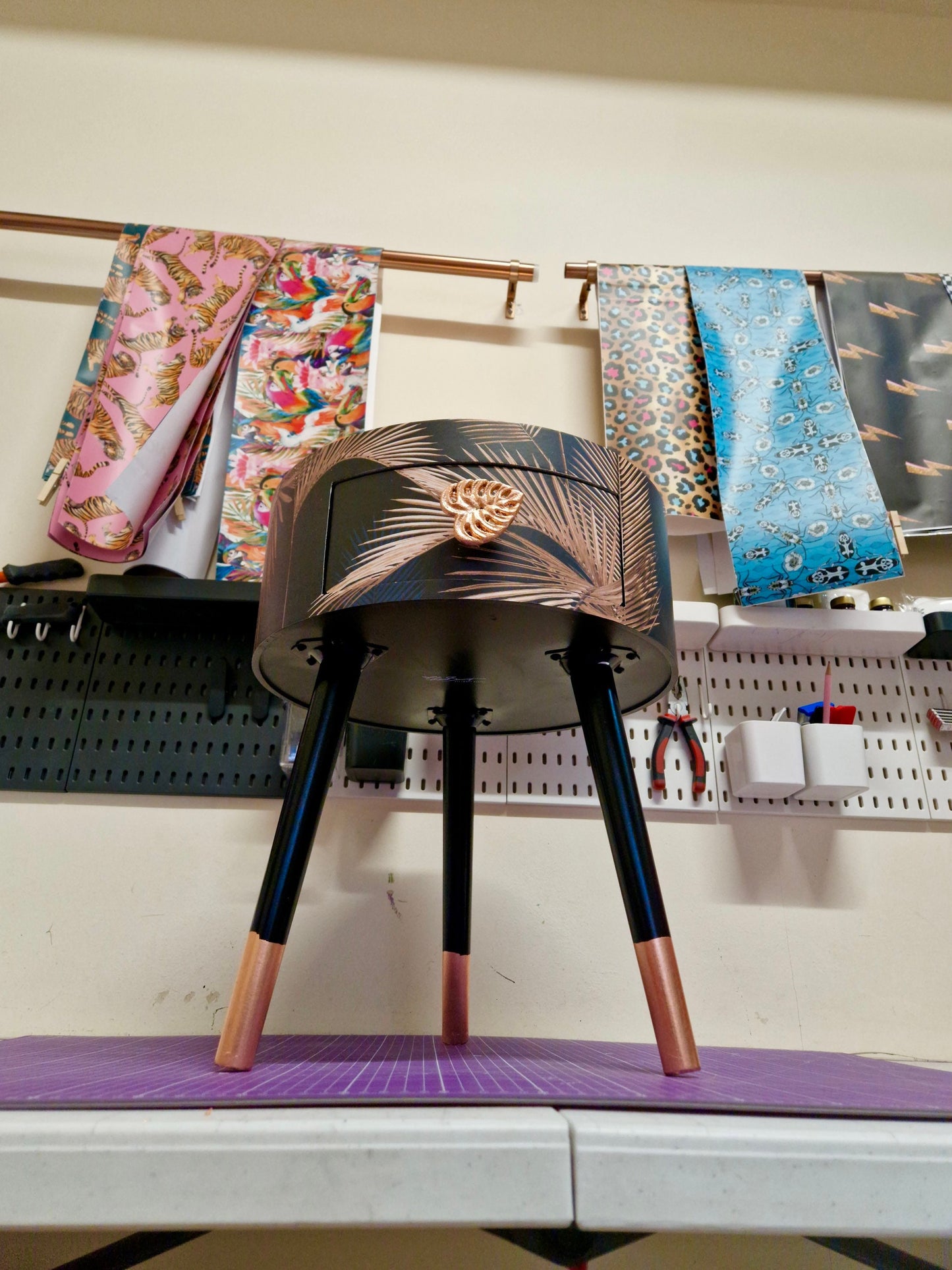 Palm Leaf - Black and Copper bedside table. Palm leaf design nightstand, copper leaf legs, cheese leaf monsterra handle