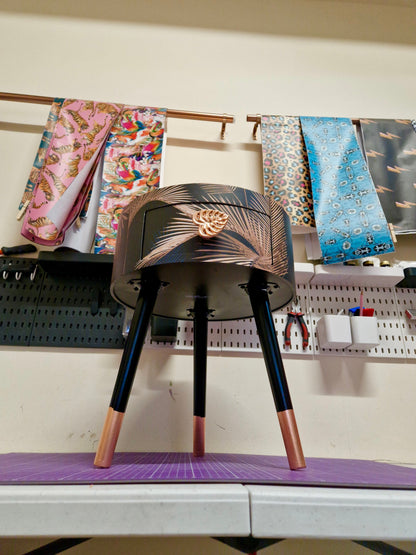 Palm Leaf - Black and Copper bedside table. Palm leaf design nightstand, copper leaf legs, cheese leaf monsterra handle