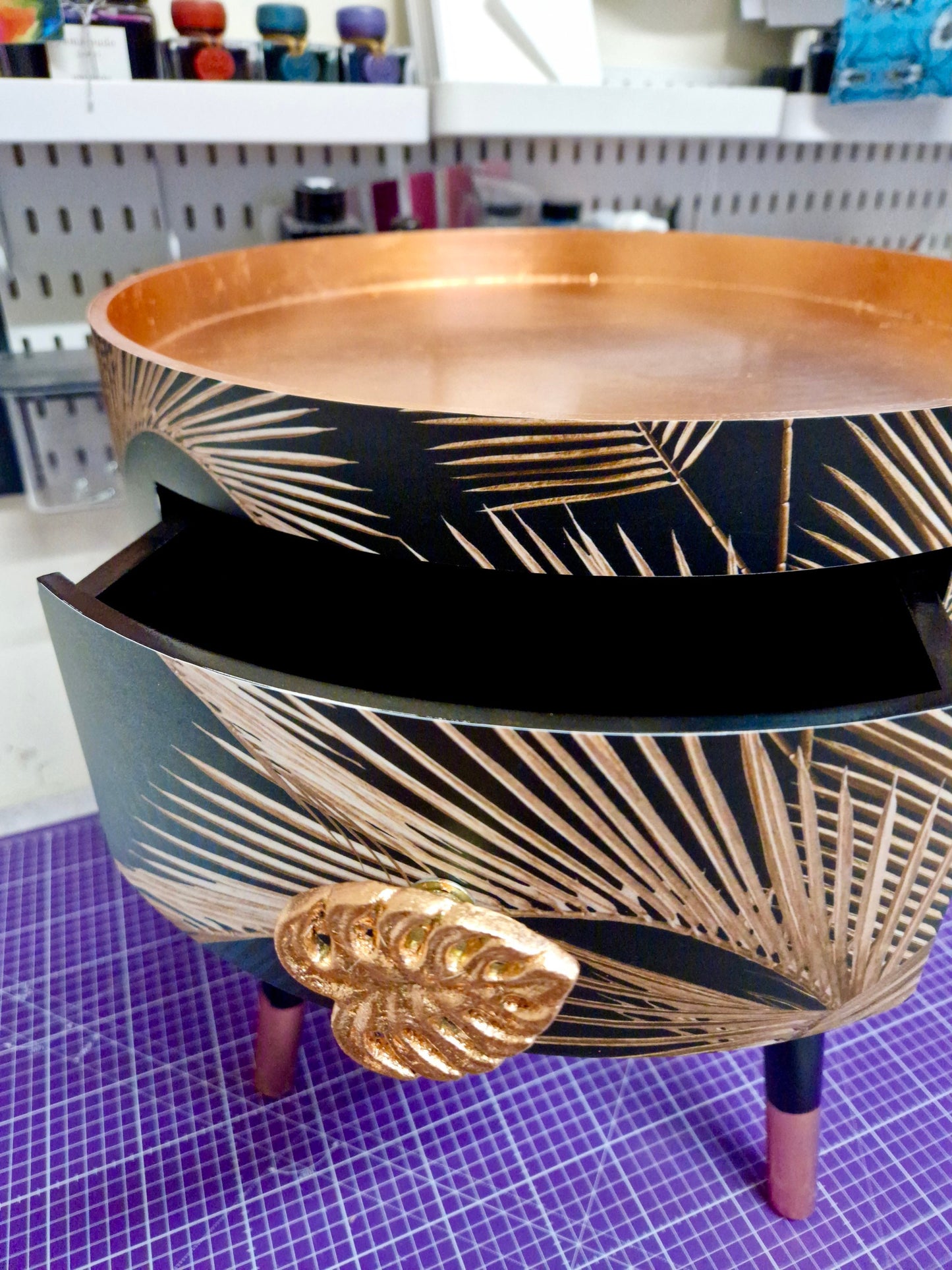 Palm Leaf - Black and Copper bedside table. Palm leaf design nightstand, copper leaf legs, cheese leaf monsterra handle