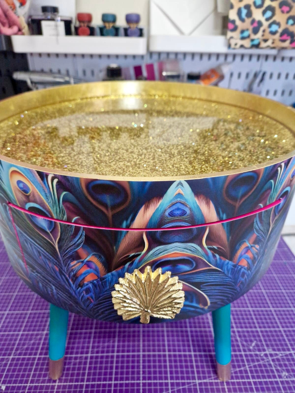 Peacock -  Gold Glitter side table , blue, green and teal jewel colours, opulent nightstand, hot pink and navy bedside table, round small table