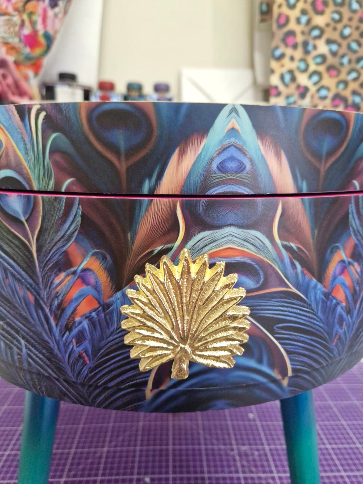 Peacock -  Gold Glitter side table , blue, green and teal jewel colours, opulent nightstand, hot pink and navy bedside table, round small table