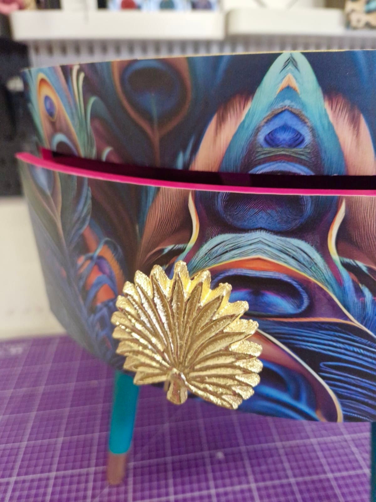 Peacock -  Gold Glitter side table , blue, green and teal jewel colours, opulent nightstand, hot pink and navy bedside table, round small table