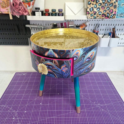 Peacock -  Gold Glitter side table , blue, green and teal jewel colours, opulent nightstand, hot pink and navy bedside table, round small table