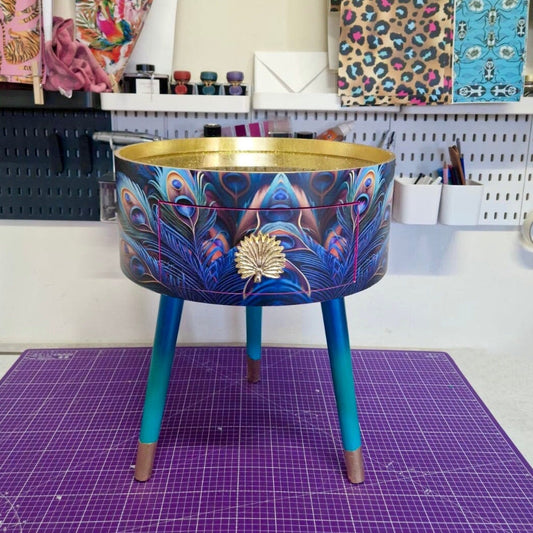 Peacock -  Gold Glitter side table , blue, green and teal jewel colours, opulent nightstand, hot pink and navy bedside table, round small table