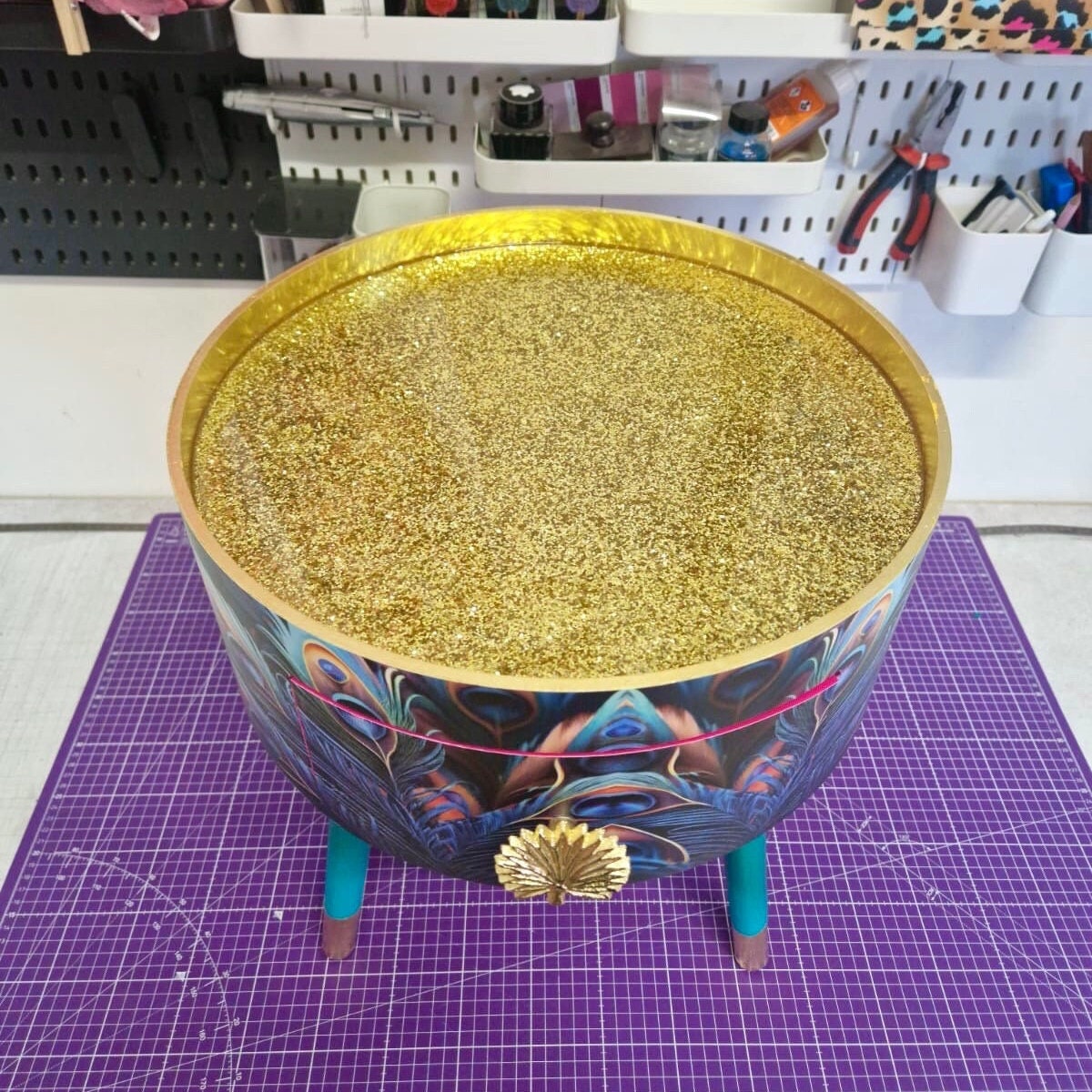 Peacock -  Gold Glitter side table , blue, green and teal jewel colours, opulent nightstand, hot pink and navy bedside table, round small table