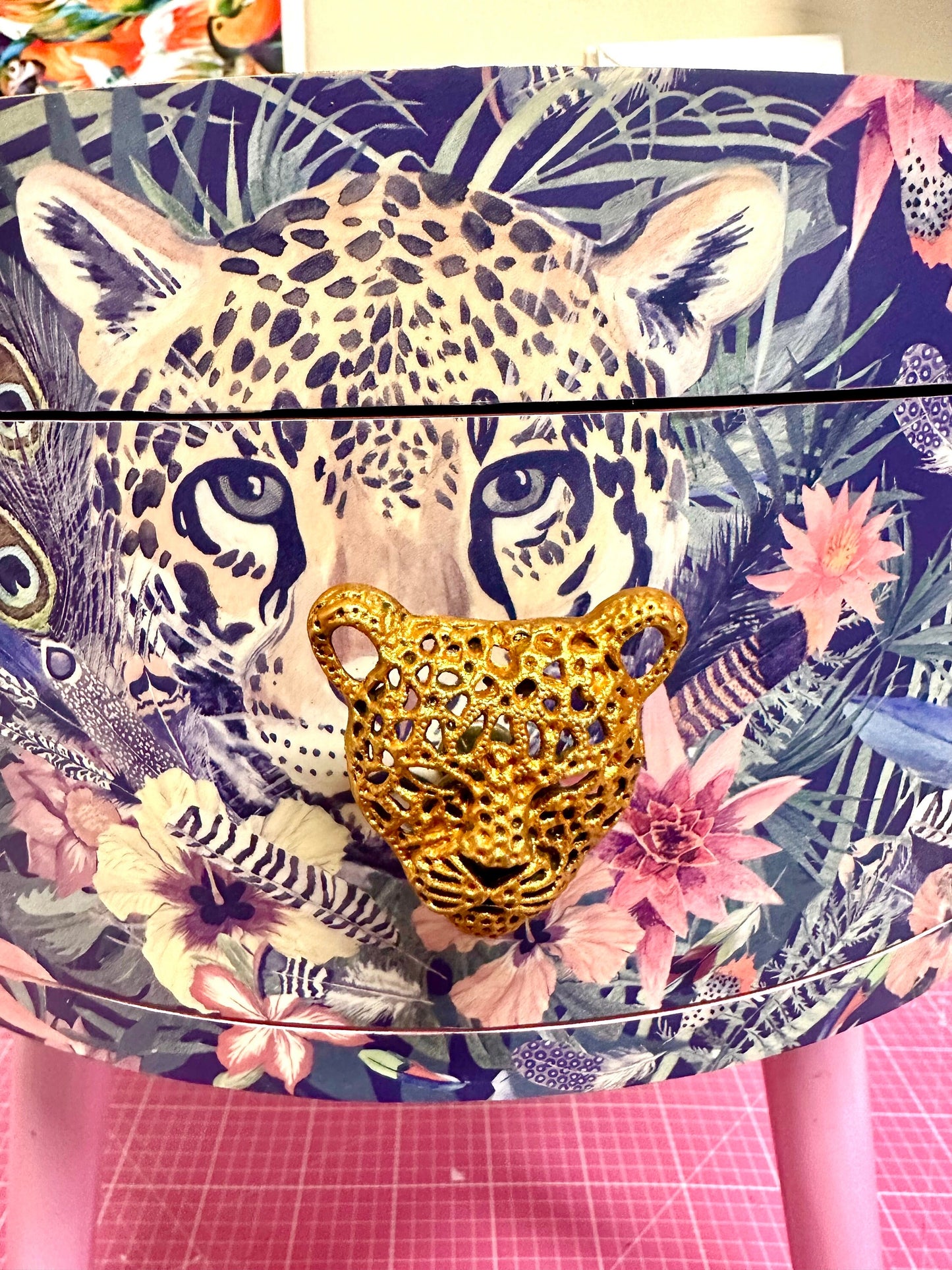 Leopard in Jungle - Gold and Light Pink and tropical round bedside table . Fun Bright Home Decor . Ideal for Nightstand or side table. Blue and pink design