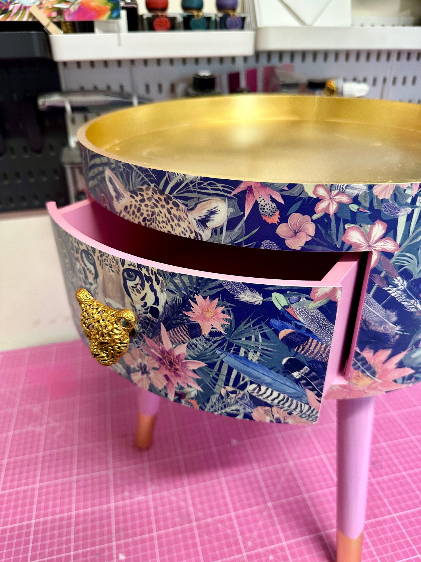 Leopard in Jungle - Gold and Light Pink and tropical round bedside table . Fun Bright Home Decor . Ideal for Nightstand or side table. Blue and pink design