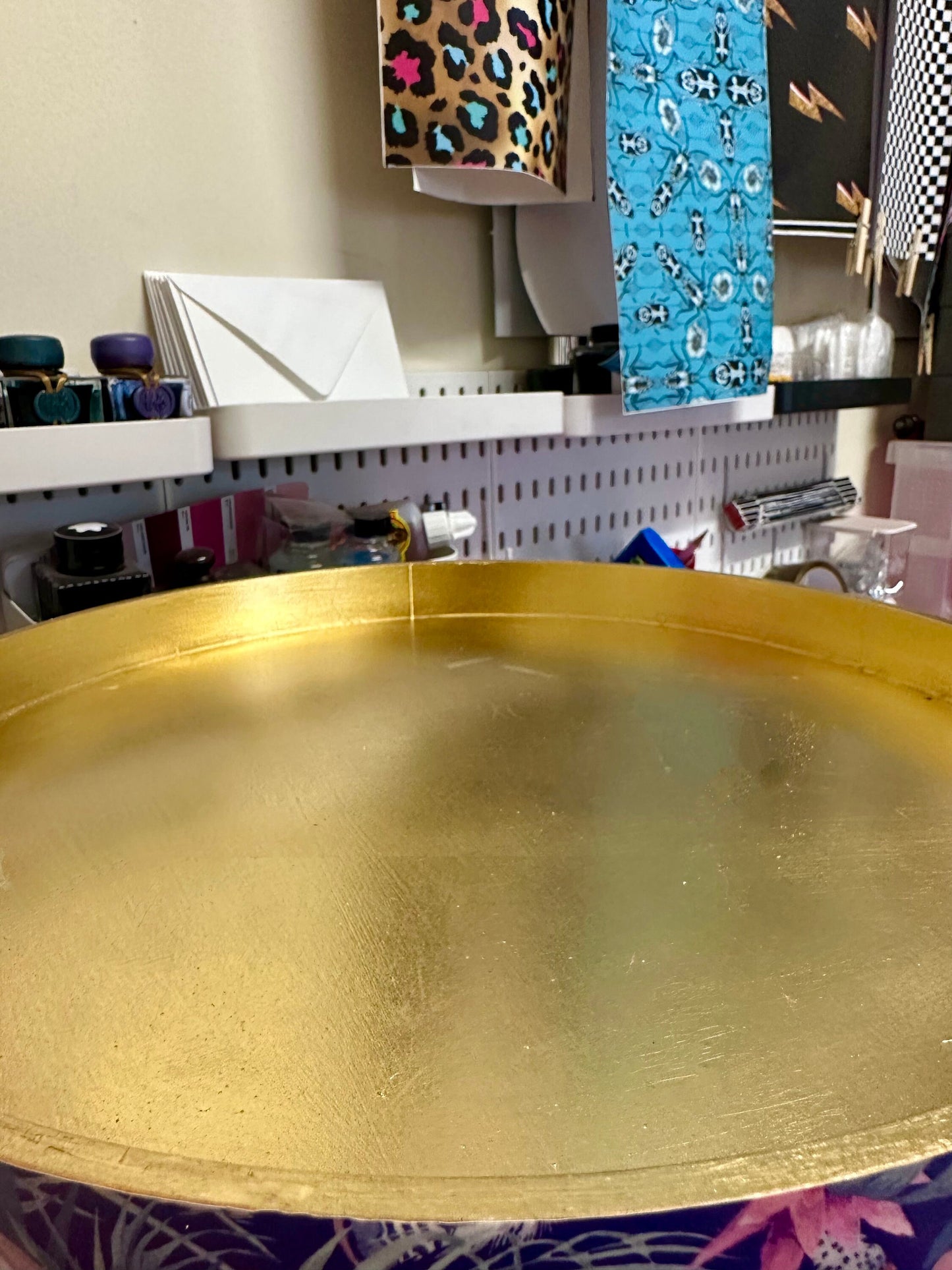 Leopard in Jungle - Gold and Light Pink and tropical round bedside table . Fun Bright Home Decor . Ideal for Nightstand or side table. Blue and pink design