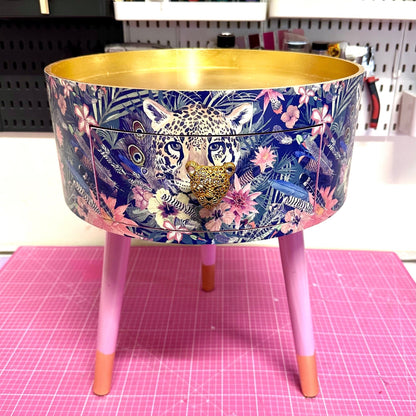 Leopard in Jungle - Gold and Light Pink and tropical round bedside table . Fun Bright Home Decor . Ideal for Nightstand or side table. Blue and pink design