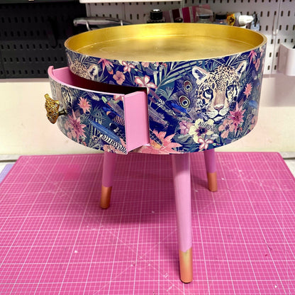 Leopard in Jungle - Gold and Light Pink and tropical round bedside table . Fun Bright Home Decor . Ideal for Nightstand or side table. Blue and pink design