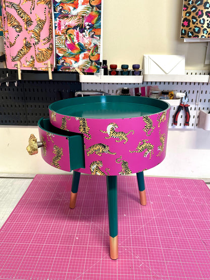 Tiger Table - Hot Pink bedside table emerald top . Fun Bright Home Decor . Ideal for Nightstand or side table. Comes with inbuilt drawer