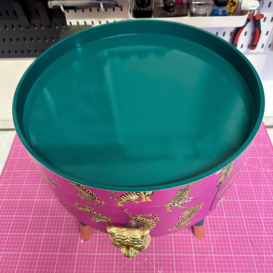 Tiger Table - Hot Pink bedside table emerald top . Fun Bright Home Decor . Ideal for Nightstand or side table. Comes with inbuilt drawer