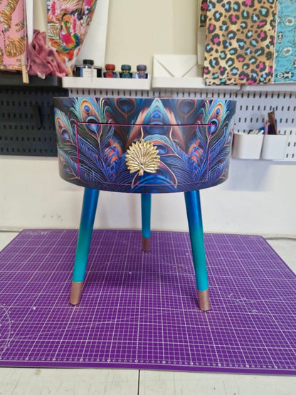 Peacock -  Gold Glitter side table , blue, green and teal jewel colours, opulent nightstand, hot pink and navy bedside table, round small table