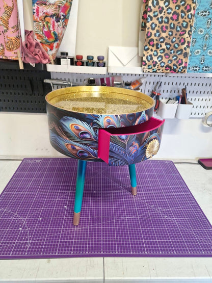 Peacock -  Gold Glitter side table , blue, green and teal jewel colours, opulent nightstand, hot pink and navy bedside table, round small table