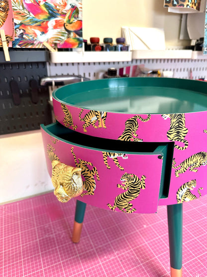 Tiger Table - Hot Pink bedside table emerald top . Fun Bright Home Decor . Ideal for Nightstand or side table. Comes with inbuilt drawer