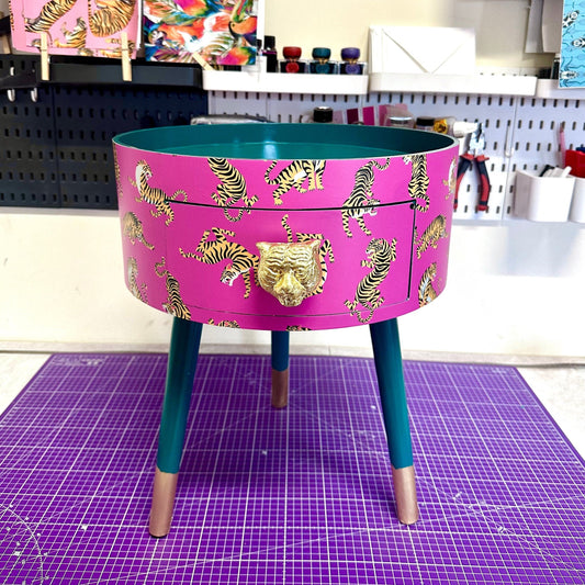 Tiger Table - Hot Pink bedside table emerald top . Fun Bright Home Decor . Ideal for Nightstand or side table. Comes with inbuilt drawer