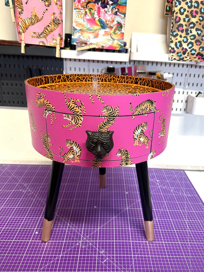 Tiger Table - Hot Pink round bedside table . Fun Bright Home Decor . Ideal for Nightstand or side table. Comes with inbuilt drawer