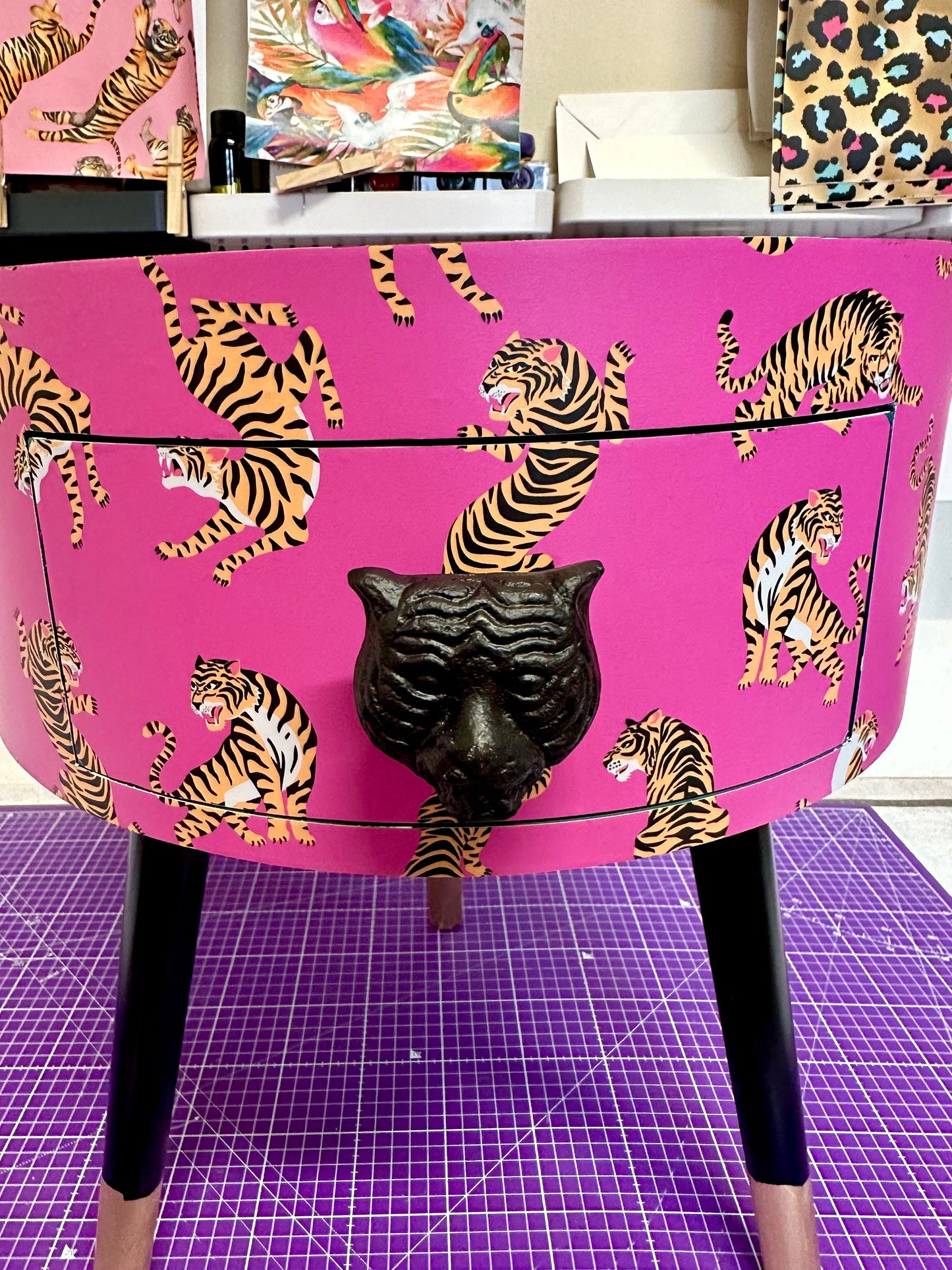 Tiger Table - Hot Pink round bedside table . Fun Bright Home Decor . Ideal for Nightstand or side table. Comes with inbuilt drawer