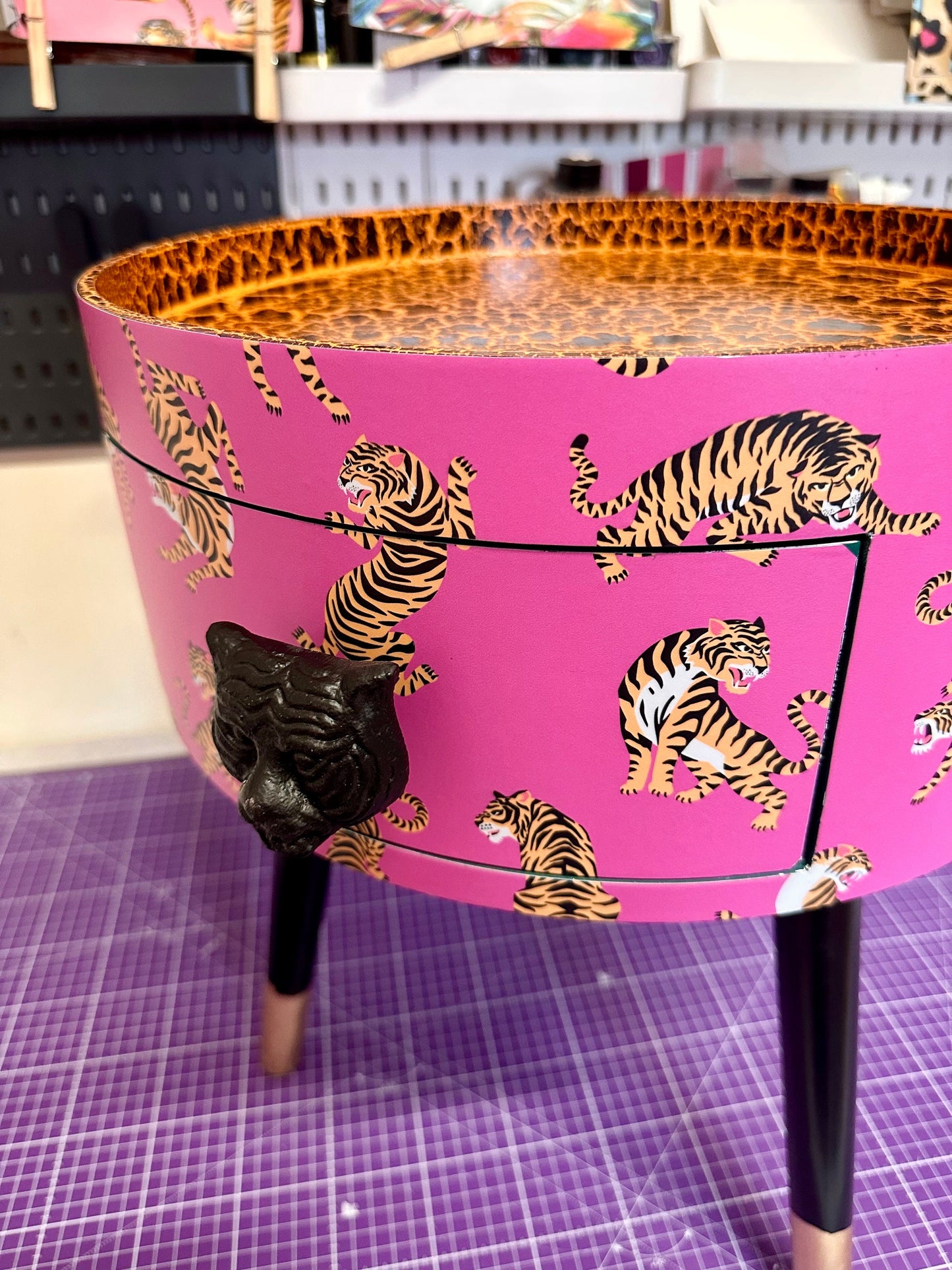 Tiger Table - Hot Pink round bedside table . Fun Bright Home Decor . Ideal for Nightstand or side table. Comes with inbuilt drawer