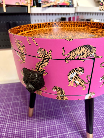 Tiger Table - Hot Pink round bedside table . Fun Bright Home Decor . Ideal for Nightstand or side table. Comes with inbuilt drawer