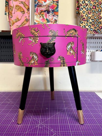 Tiger Table - Hot Pink round bedside table . Fun Bright Home Decor . Ideal for Nightstand or side table. Comes with inbuilt drawer