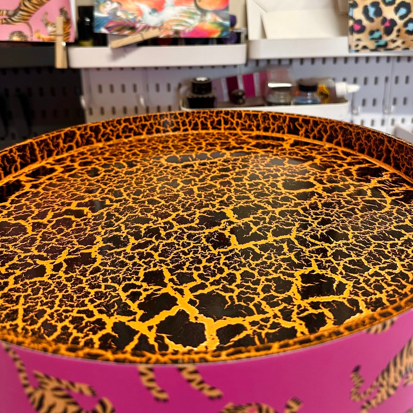 Tiger Table - Hot Pink round bedside table . Fun Bright Home Decor . Ideal for Nightstand or side table. Comes with inbuilt drawer