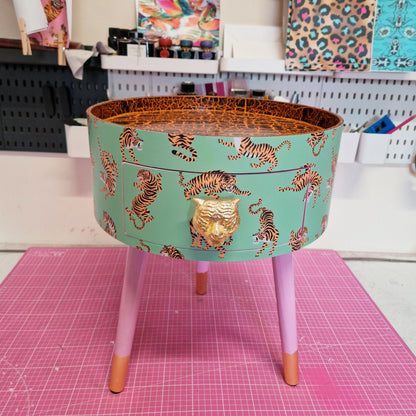 Tiger Table - Mint green and pink round bedside table . Fun Bright Home Decor . Ideal for Nightstand or side table. Gold Leaf Tiger Handle.