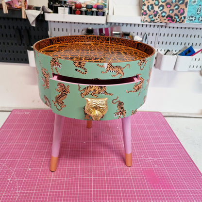 Tiger Table - Mint green and pink round bedside table . Fun Bright Home Decor . Ideal for Nightstand or side table. Gold Leaf Tiger Handle.