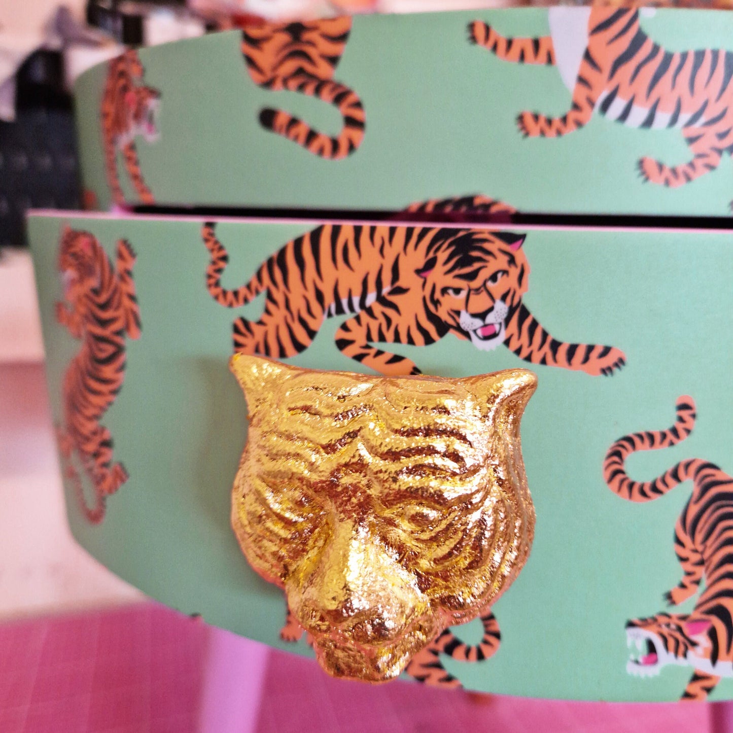 Tiger Table - Mint green and pink round bedside table . Fun Bright Home Decor . Ideal for Nightstand or side table. Gold Leaf Tiger Handle.