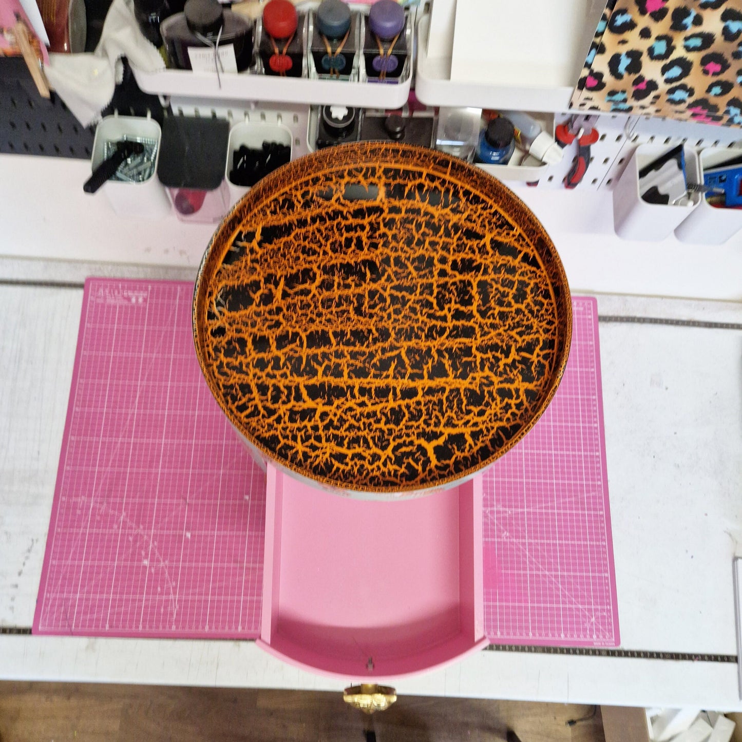 Tiger Table - Mint green and pink round bedside table . Fun Bright Home Decor . Ideal for Nightstand or side table. Gold Leaf Tiger Handle.