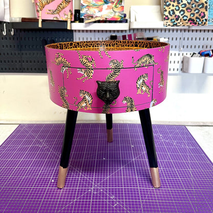 Tiger Table - Hot Pink round bedside table . Fun Bright Home Decor . Ideal for Nightstand or side table. Comes with inbuilt drawer
