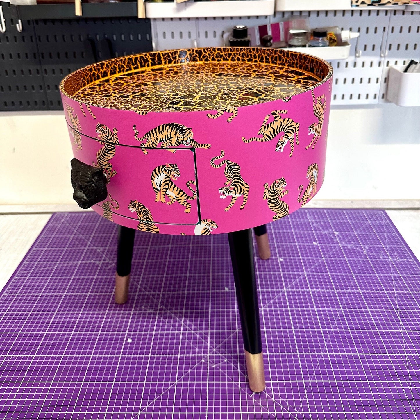 Tiger Table - Hot Pink round bedside table . Fun Bright Home Decor . Ideal for Nightstand or side table. Comes with inbuilt drawer