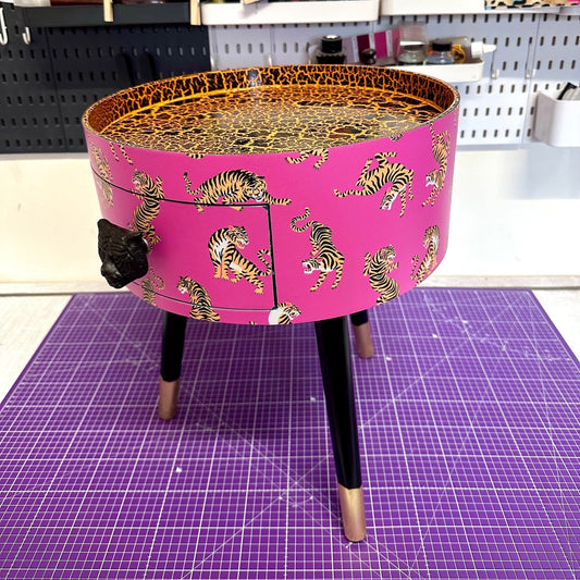 Tiger Table - Hot Pink round bedside table . Fun Bright Home Decor . Ideal for Nightstand or side table. Comes with inbuilt drawer