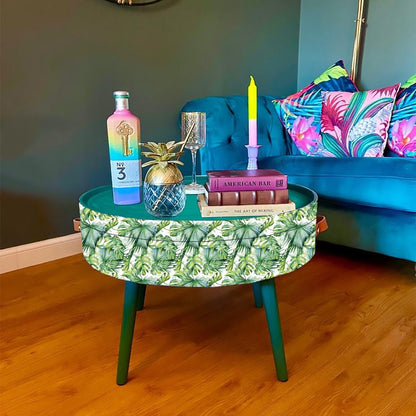 Round coffee table , fully customisable , Animal and floral print.  Round table, lift off top for storage. Lounge table, living room end