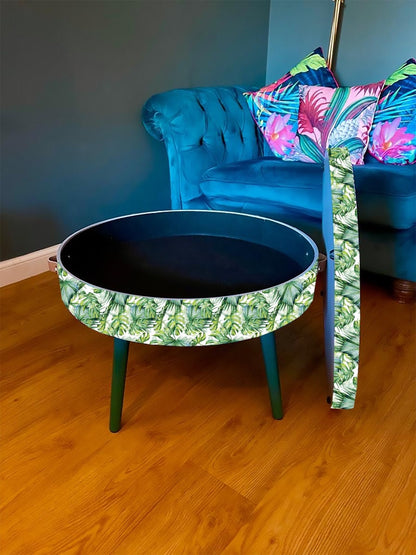 Round coffee table , fully customisable , Animal and floral print.  Round table, lift off top for storage. Lounge table, living room end