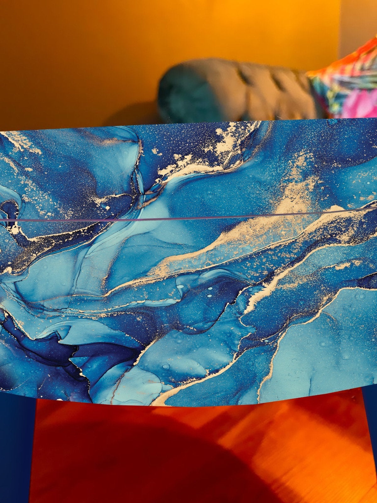 Round coffee table , blue and gold marble effect.  Navy blue and metallic effect. Round table, lift off top for storage. End table lounge